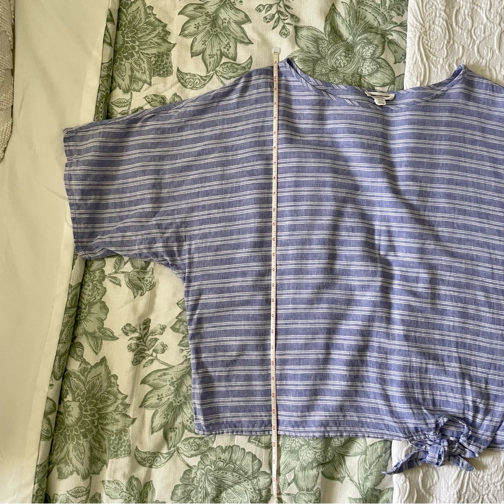 Beachlunch Lounge Blue & White Striped Linen Blend Wide Sleeve Side Tie Blouse - Picture 9 of 11